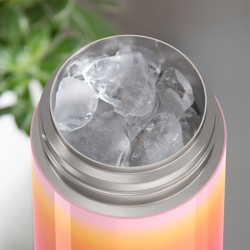 Thermos® 12oz FUNtainer® water bottle in Jungle Kingdom — shown filled with ice, demonstrating insulation