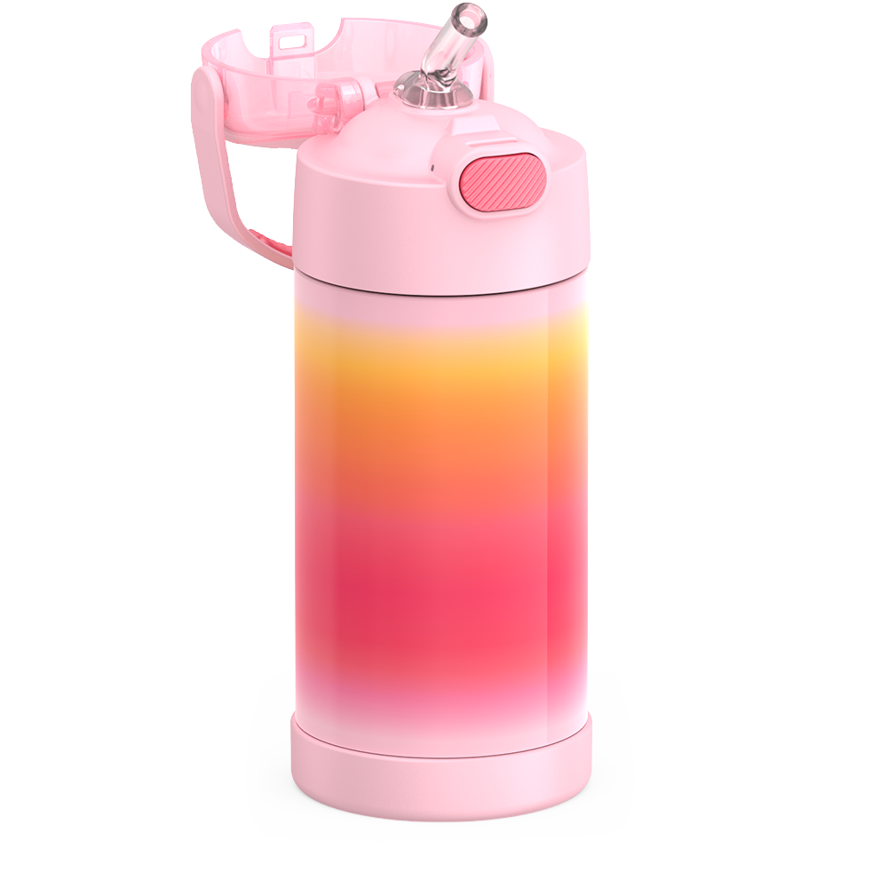 Thermos® 12oz FUNtainer® water bottle in Jungle Kingdom — close-up of push-button straw lid