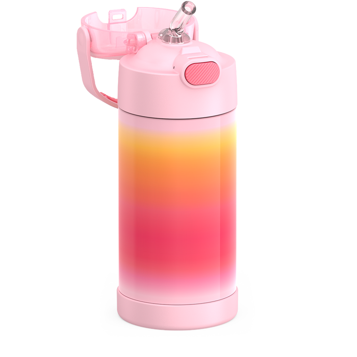 Thermos® 12oz FUNtainer® water bottle in Jungle Kingdom — close-up of push-button straw lid