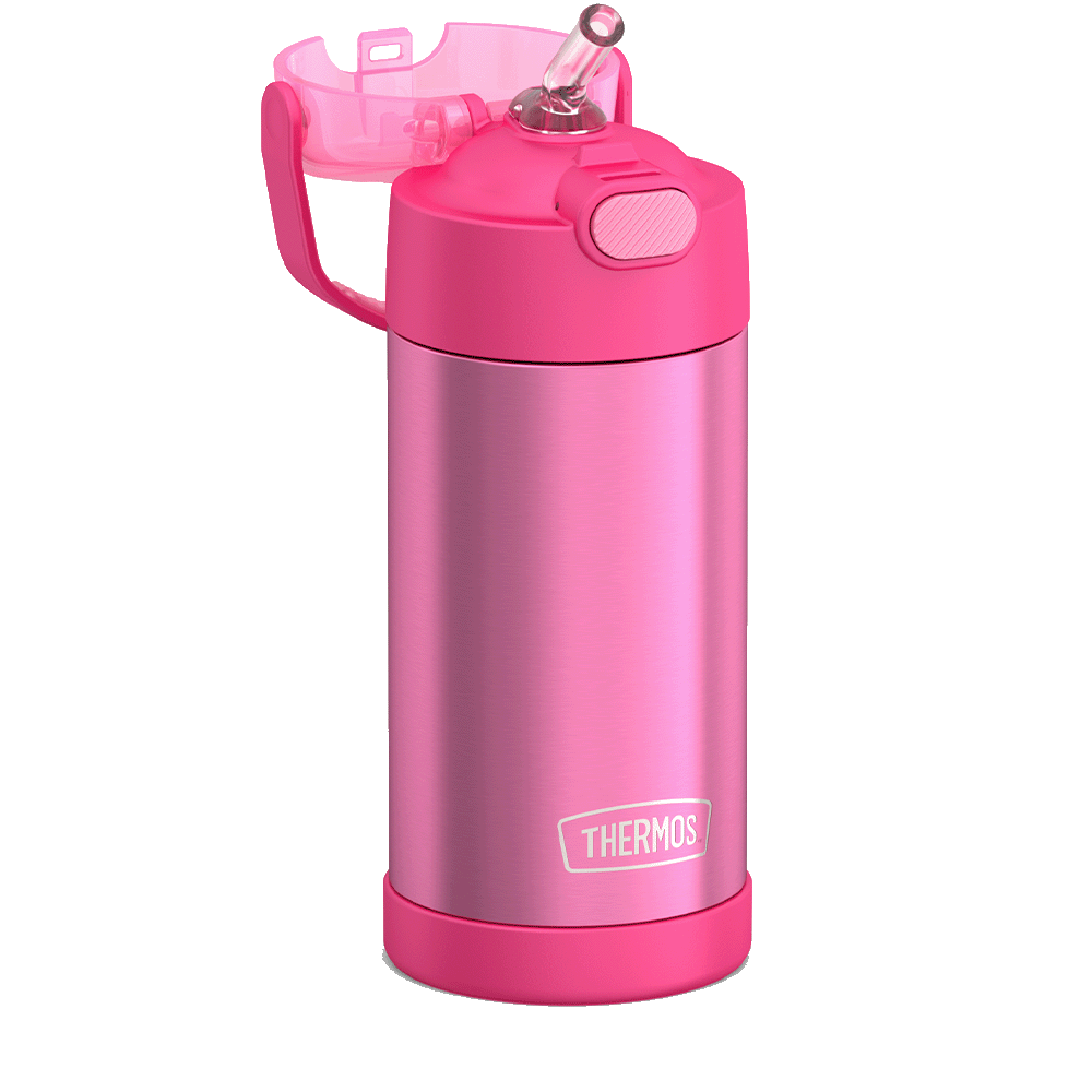 Thermos® 12oz FUNtainer® water bottle in Yellow/Green — close-up of push-button straw lid