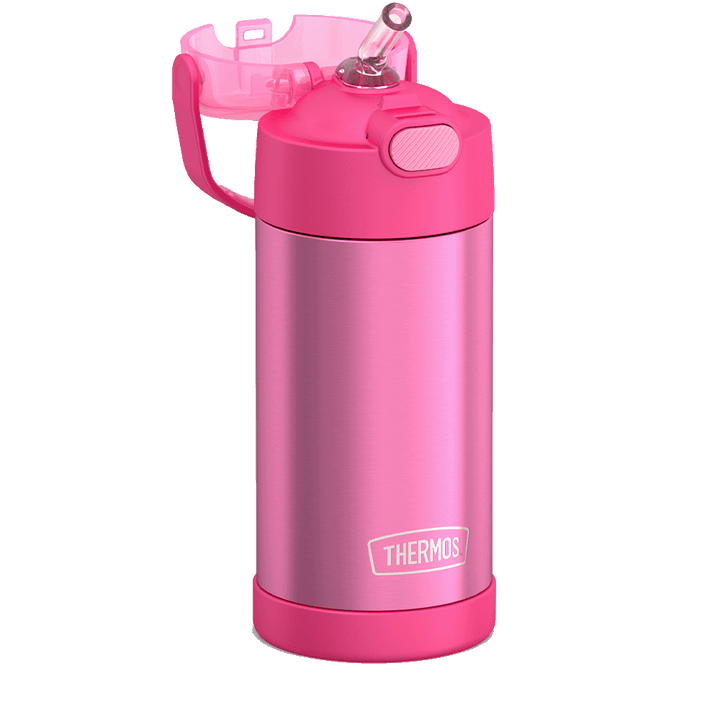 Thermos® 12oz FUNtainer® water bottle in Yellow/Green — close-up of push-button straw lid