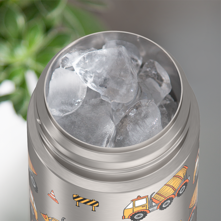Thermos® 12oz FUNtainer® water bottle in Jungle Kingdom — shown filled with ice, demonstrating insulation