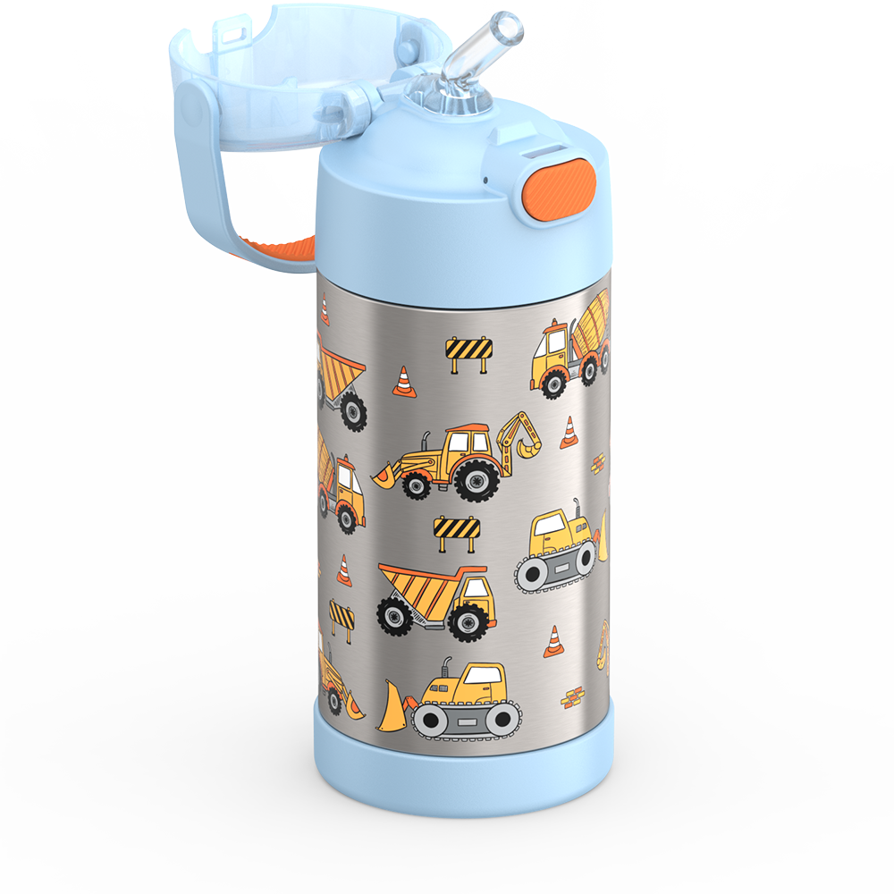 Thermos® 12oz FUNtainer® water bottle in Jungle Kingdom — close-up of push-button straw lid
