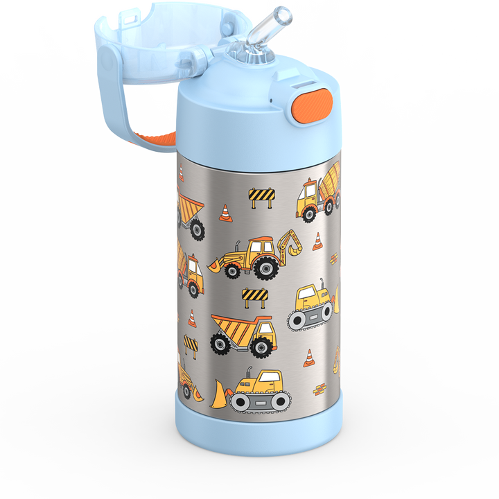 Thermos® 12oz FUNtainer® water bottle in Jungle Kingdom — close-up of push-button straw lid