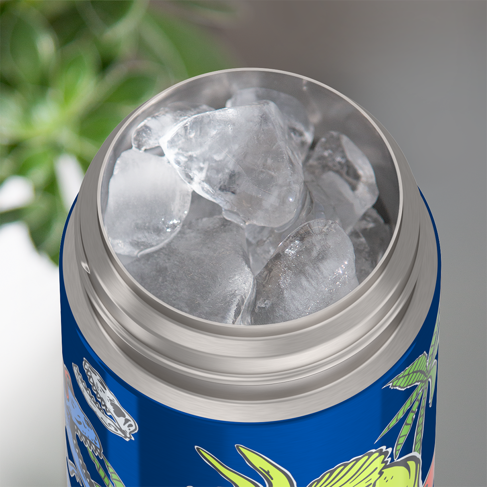 Thermos® 12oz FUNtainer® water bottle in Jungle Kingdom — shown filled with ice, demonstrating insulation