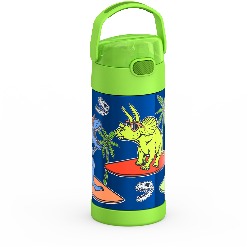 Thermos® 12oz FUNtainer® water bottle in Jungle Kingdom — angled view showing full profile