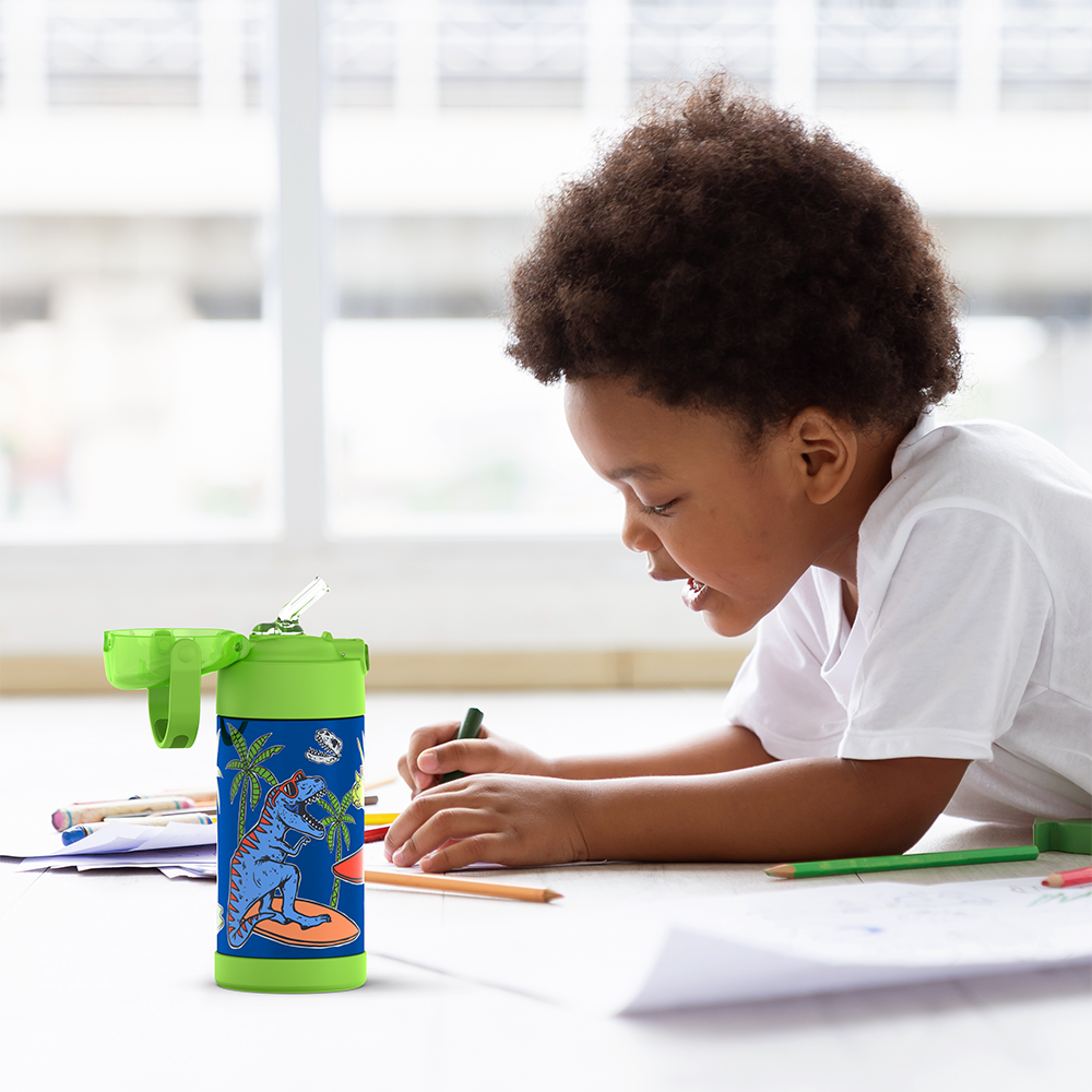 Thermos® 12oz FUNtainer® water bottle in Jungle Kingdom — lifestyle photo in use
