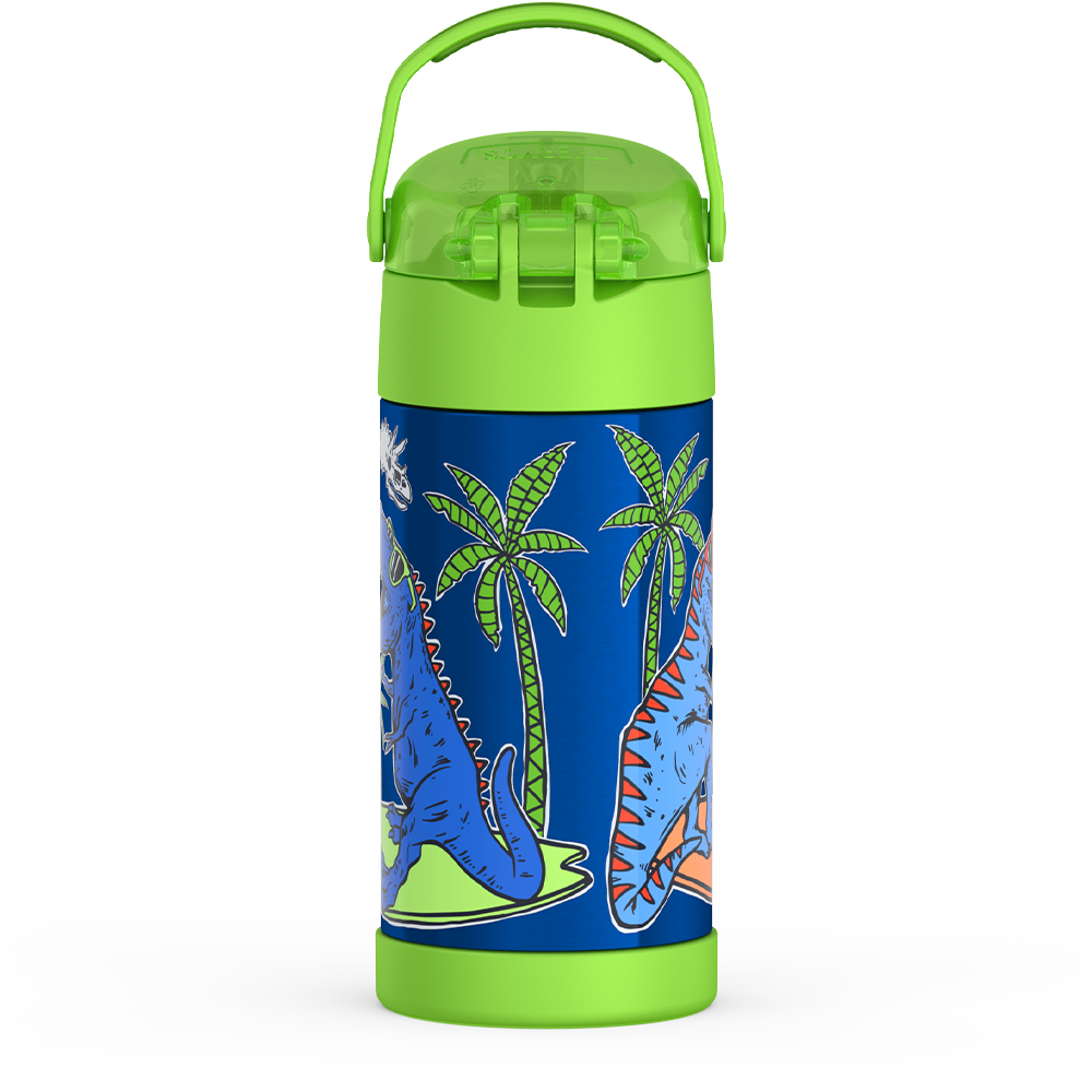 Thermos® 12oz FUNtainer® water bottle in Jungle Kingdom — back view showing handle and base