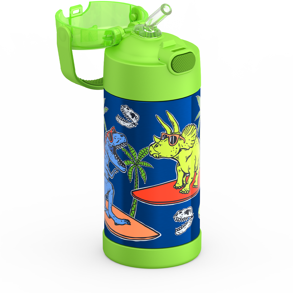 Thermos® 12oz FUNtainer® water bottle in Jungle Kingdom — close-up of push-button straw lid