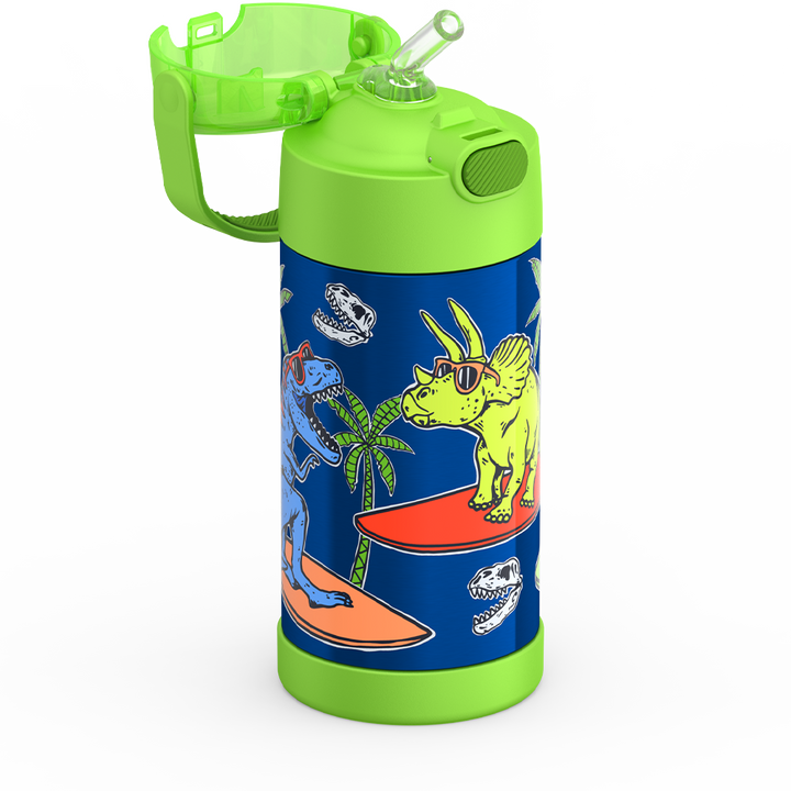 Thermos® 12oz FUNtainer® water bottle in Jungle Kingdom — close-up of push-button straw lid