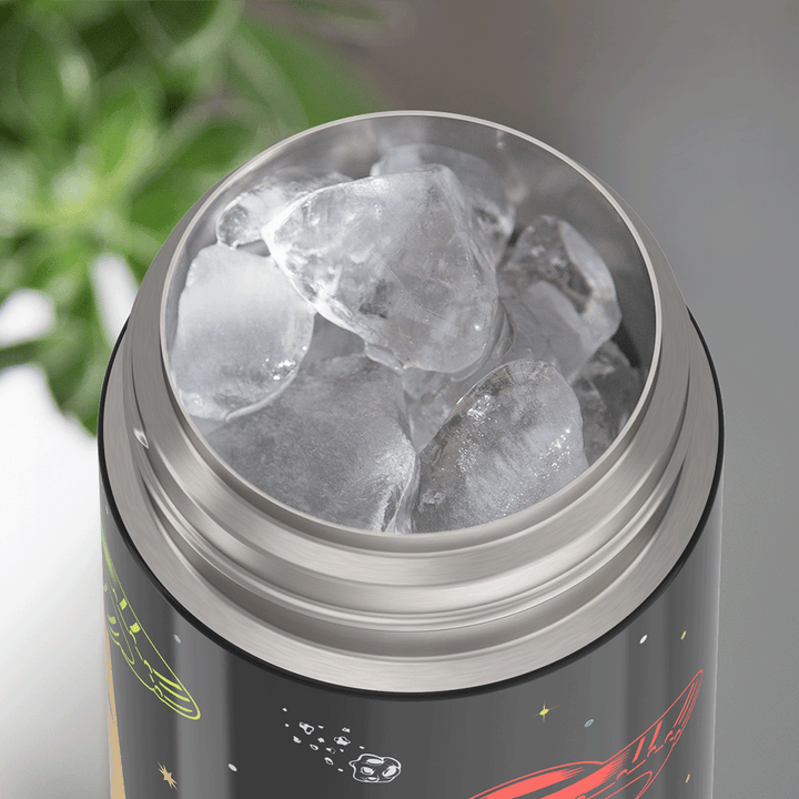 Thermos® 12oz FUNtainer® water bottle in Jungle Kingdom — shown filled with ice, demonstrating insulation