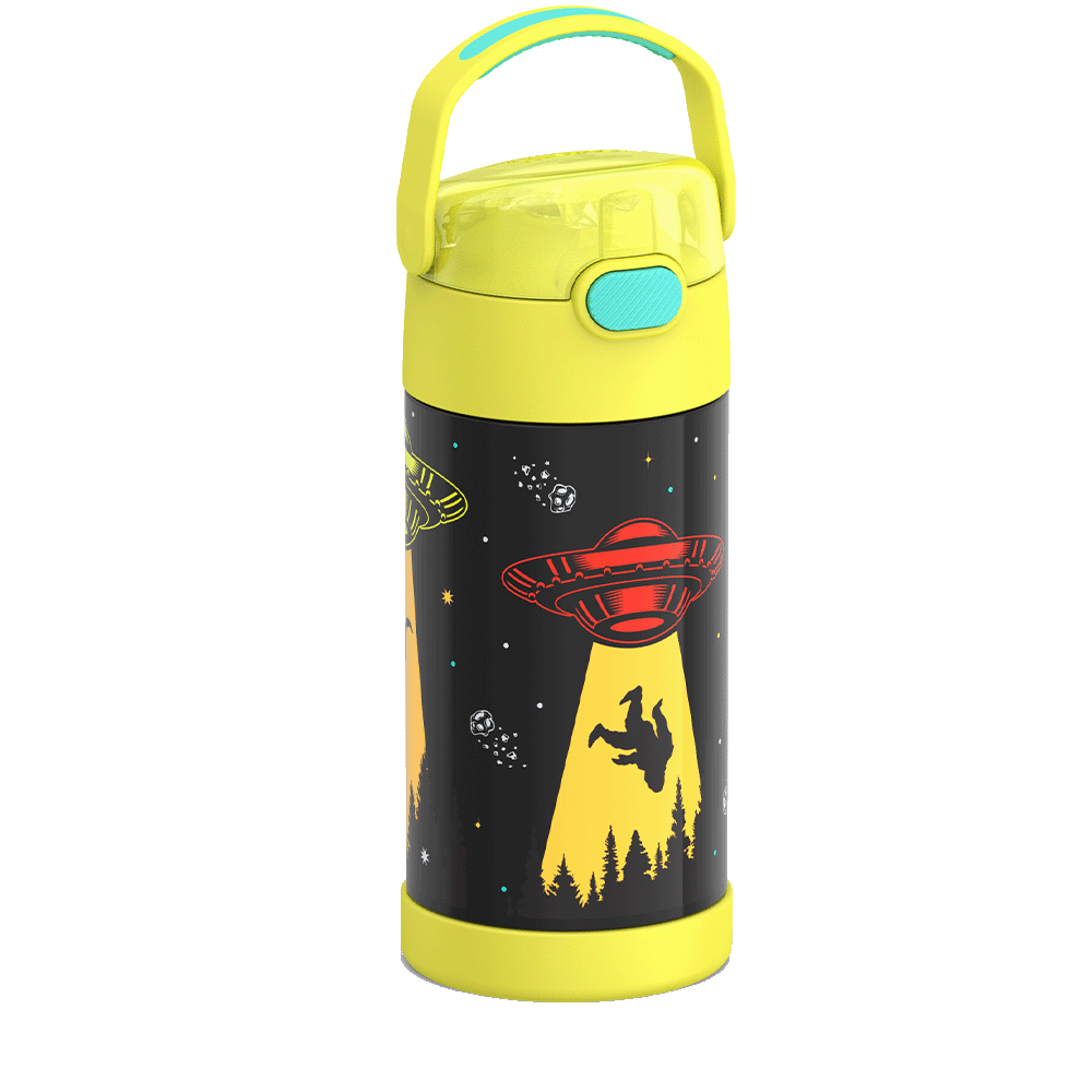 Thermos® 12oz FUNtainer® water bottle in Jungle Kingdom — angled view showing full profile