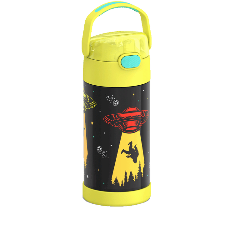 Thermos® 12oz FUNtainer® water bottle in Jungle Kingdom — angled view showing full profile