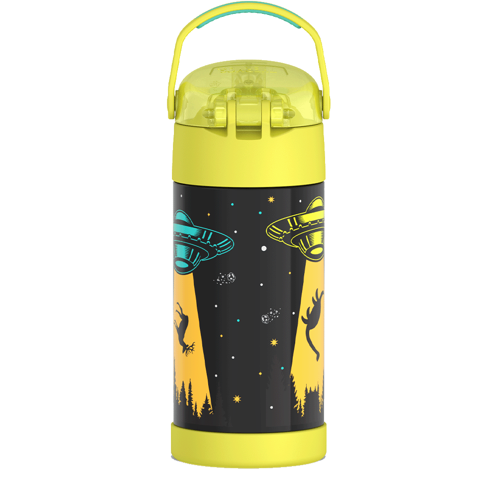 Thermos® 12oz FUNtainer® water bottle in Jungle Kingdom — back view showing handle and base