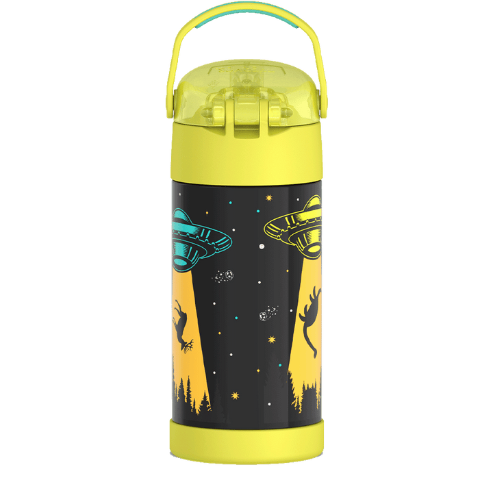 Thermos® 12oz FUNtainer® water bottle in Jungle Kingdom — back view showing handle and base