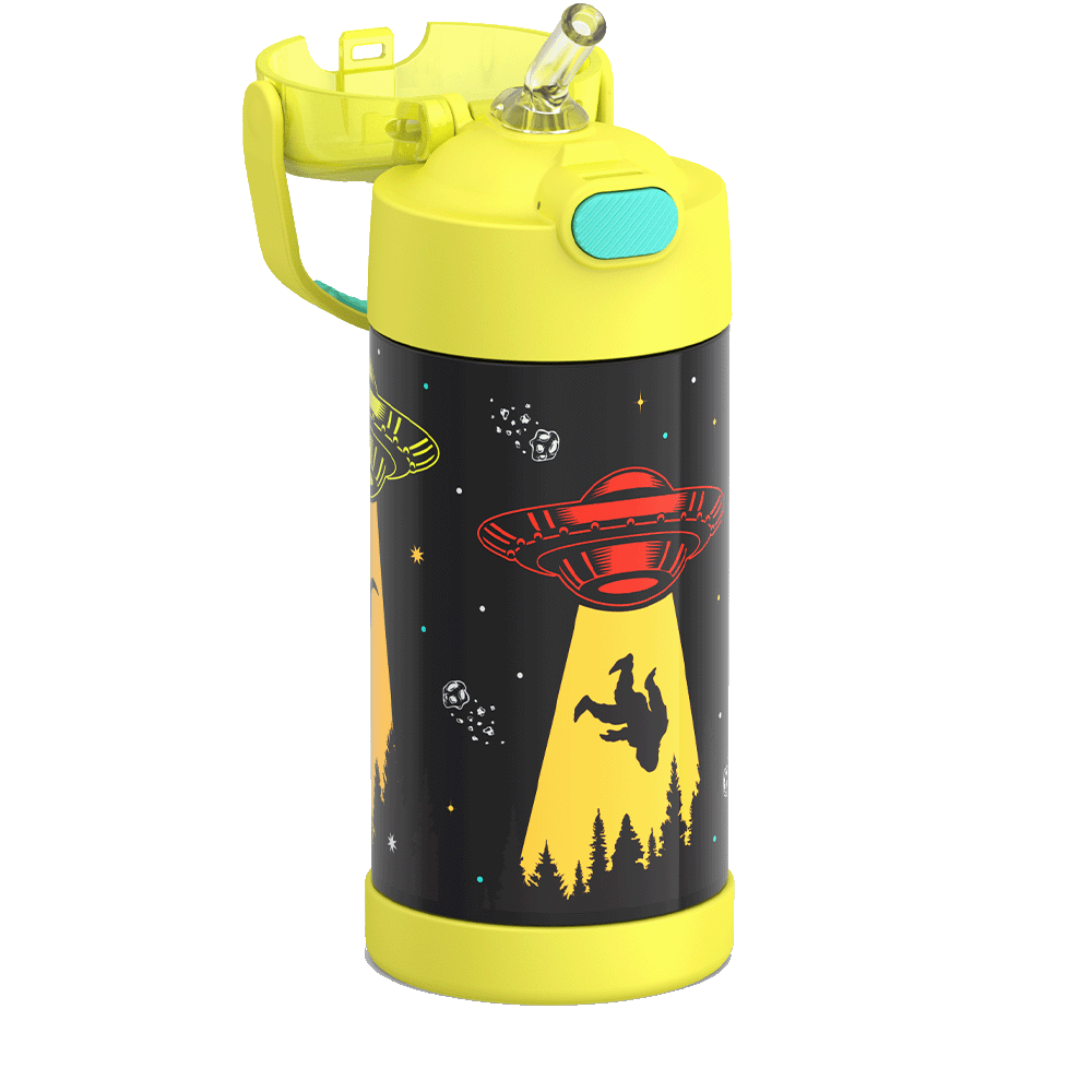 Thermos® 12oz FUNtainer® water bottle in Jungle Kingdom — close-up of push-button straw lid