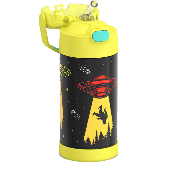 Thermos® 12oz FUNtainer® water bottle in Jungle Kingdom — close-up of push-button straw lid
