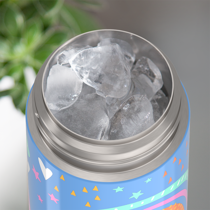 Thermos® 12oz FUNtainer® water bottle in Jungle Kingdom — shown filled with ice, demonstrating insulation