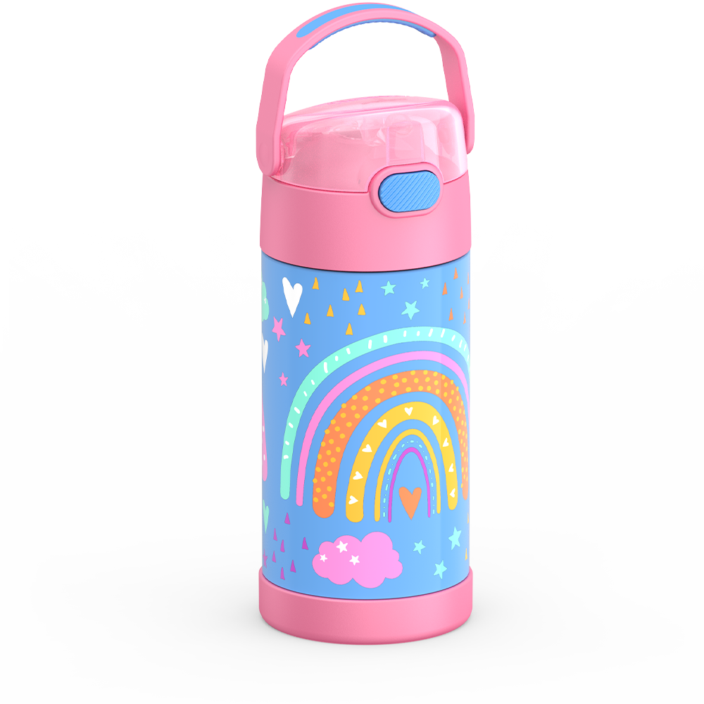Thermos® 12oz FUNtainer® water bottle in Jungle Kingdom — angled view showing full profile