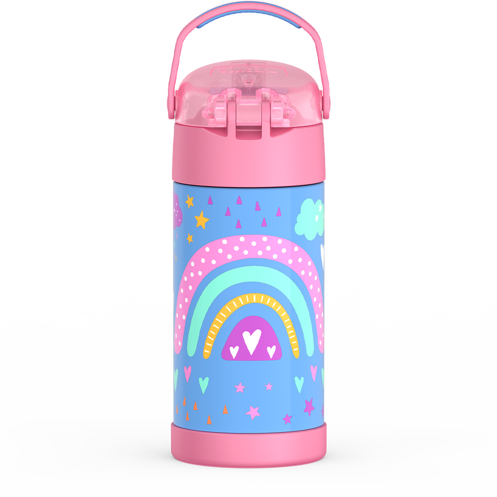 Thermos® 12oz FUNtainer® water bottle in Jungle Kingdom — back view showing handle and base