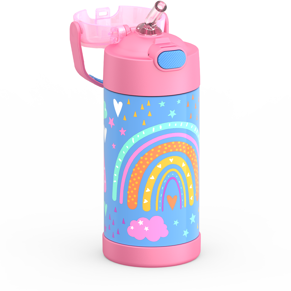 Thermos® 12oz FUNtainer® water bottle in Jungle Kingdom — close-up of push-button straw lid