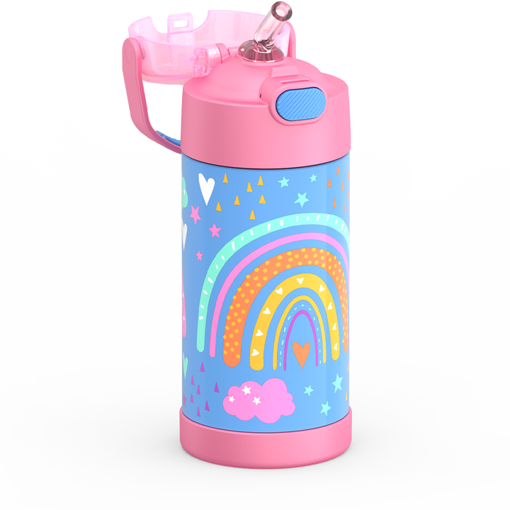 Thermos® 12oz FUNtainer® water bottle in Jungle Kingdom — close-up of push-button straw lid