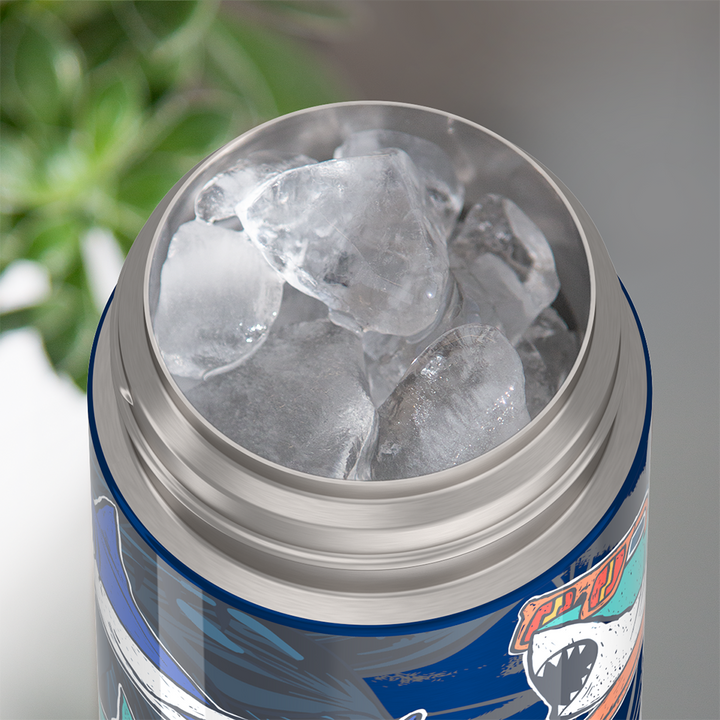 Thermos® 12oz FUNtainer® water bottle in Jungle Kingdom — shown filled with ice, demonstrating insulation