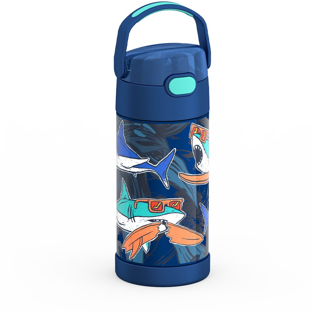 Thermos® 12oz FUNtainer® water bottle in Jungle Kingdom — angled view showing full profile