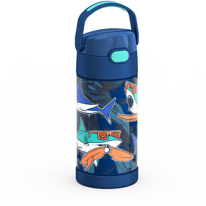 Thermos® 12oz FUNtainer® water bottle in Jungle Kingdom — angled view showing full profile