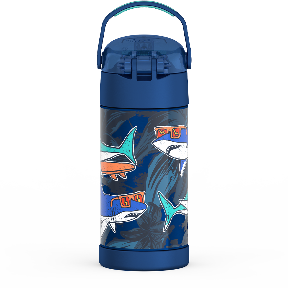 Thermos® 12oz FUNtainer® water bottle in Jungle Kingdom — back view showing handle and base