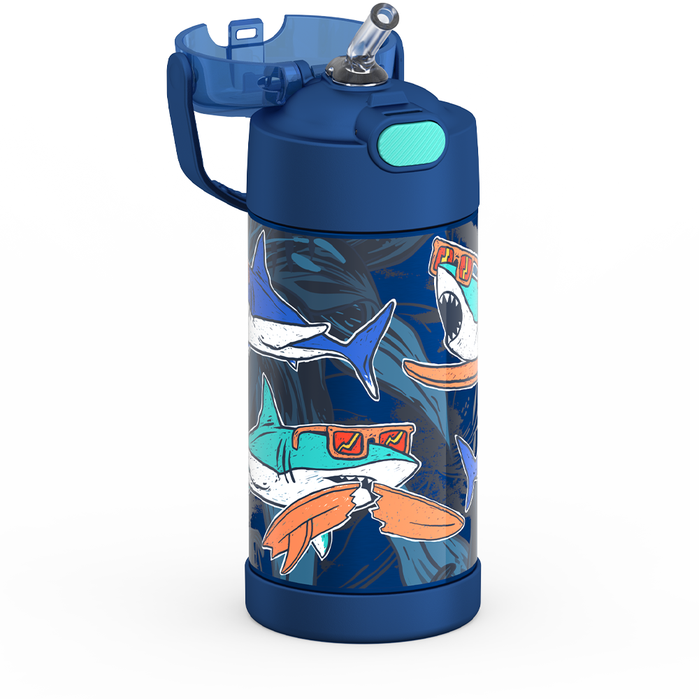 Thermos® 12oz FUNtainer® water bottle in Jungle Kingdom — close-up of push-button straw lid