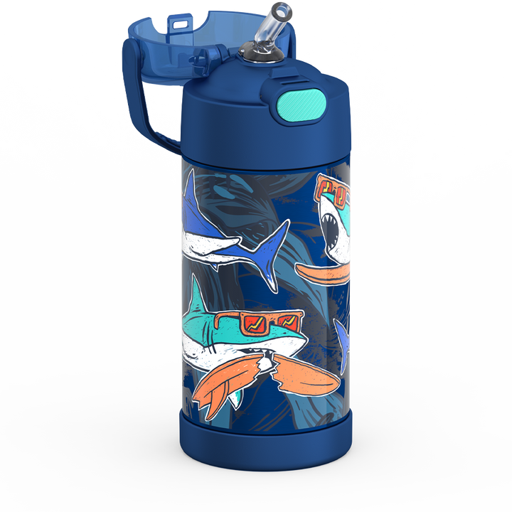 Thermos® 12oz FUNtainer® water bottle in Jungle Kingdom — close-up of push-button straw lid