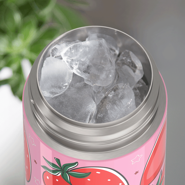 Thermos® 12oz FUNtainer® water bottle in Jungle Kingdom — shown filled with ice, demonstrating insulation