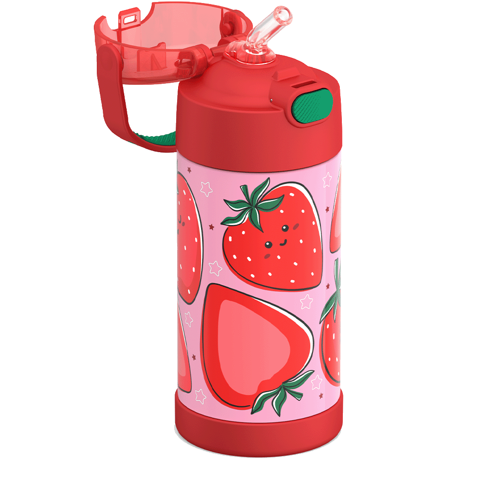 Thermos® 12oz FUNtainer® water bottle in Jungle Kingdom — close-up of push-button straw lid