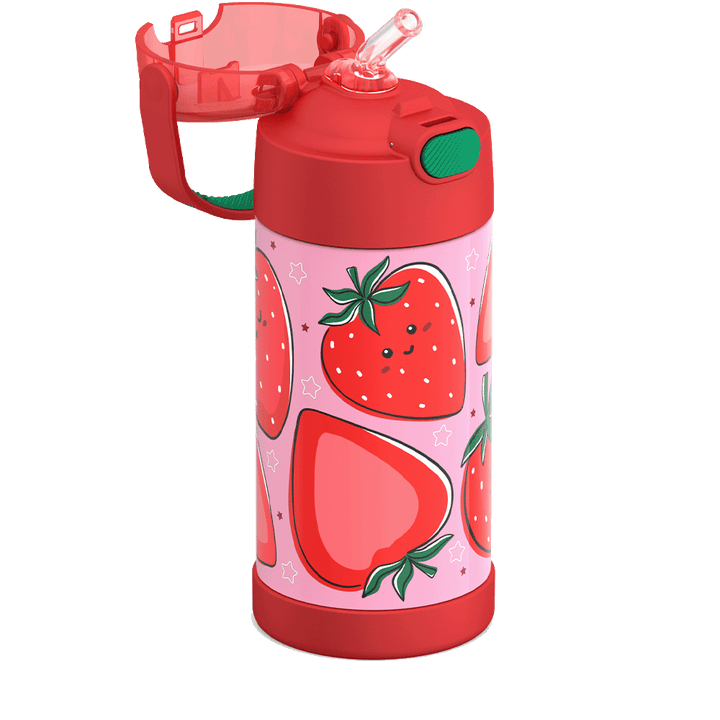 Thermos® 12oz FUNtainer® water bottle in Jungle Kingdom — close-up of push-button straw lid