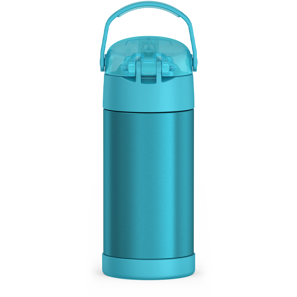 Thermos® 12oz FUNtainer® water bottle in Yellow/Green — back view showing handle and base