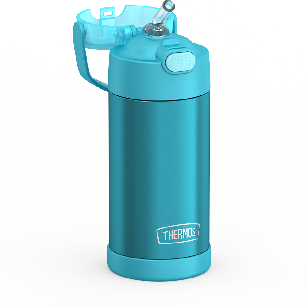 Thermos® 12oz FUNtainer® water bottle in Yellow/Green — close-up of push-button straw lid