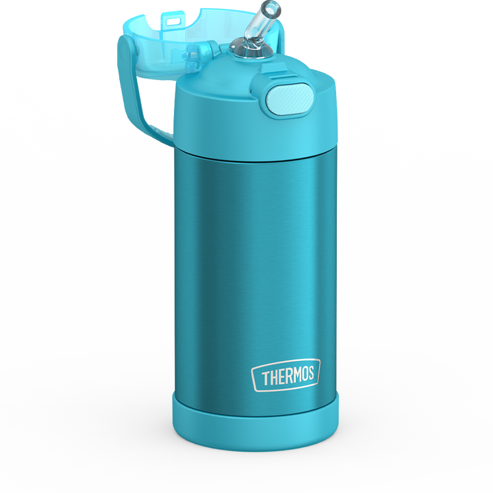 Thermos® 12oz FUNtainer® water bottle in Yellow/Green — close-up of push-button straw lid