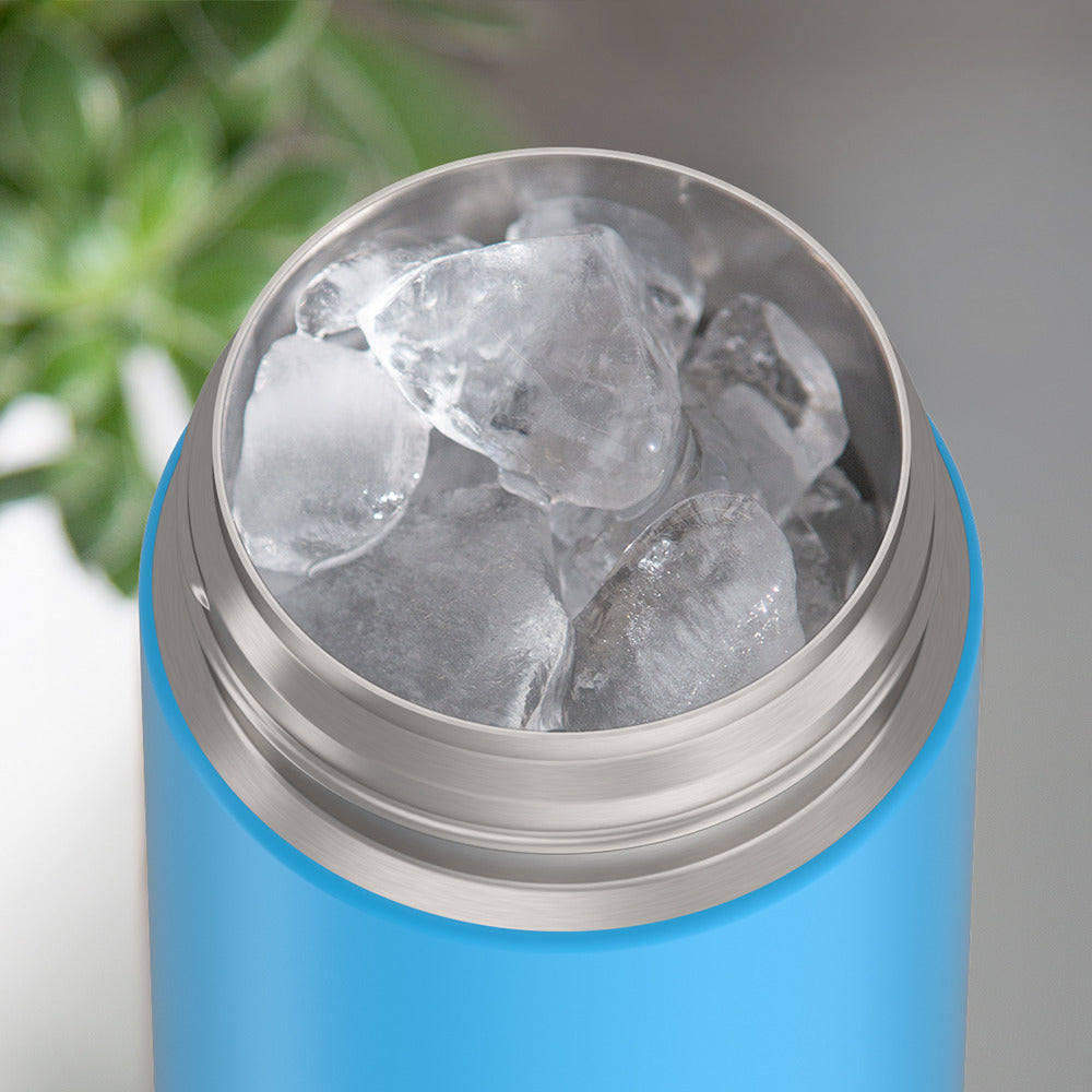 Thermos® 16oz FUNtainer® water bottle in Lightning Bolt Girl — shown filled with ice, demonstrating insulation