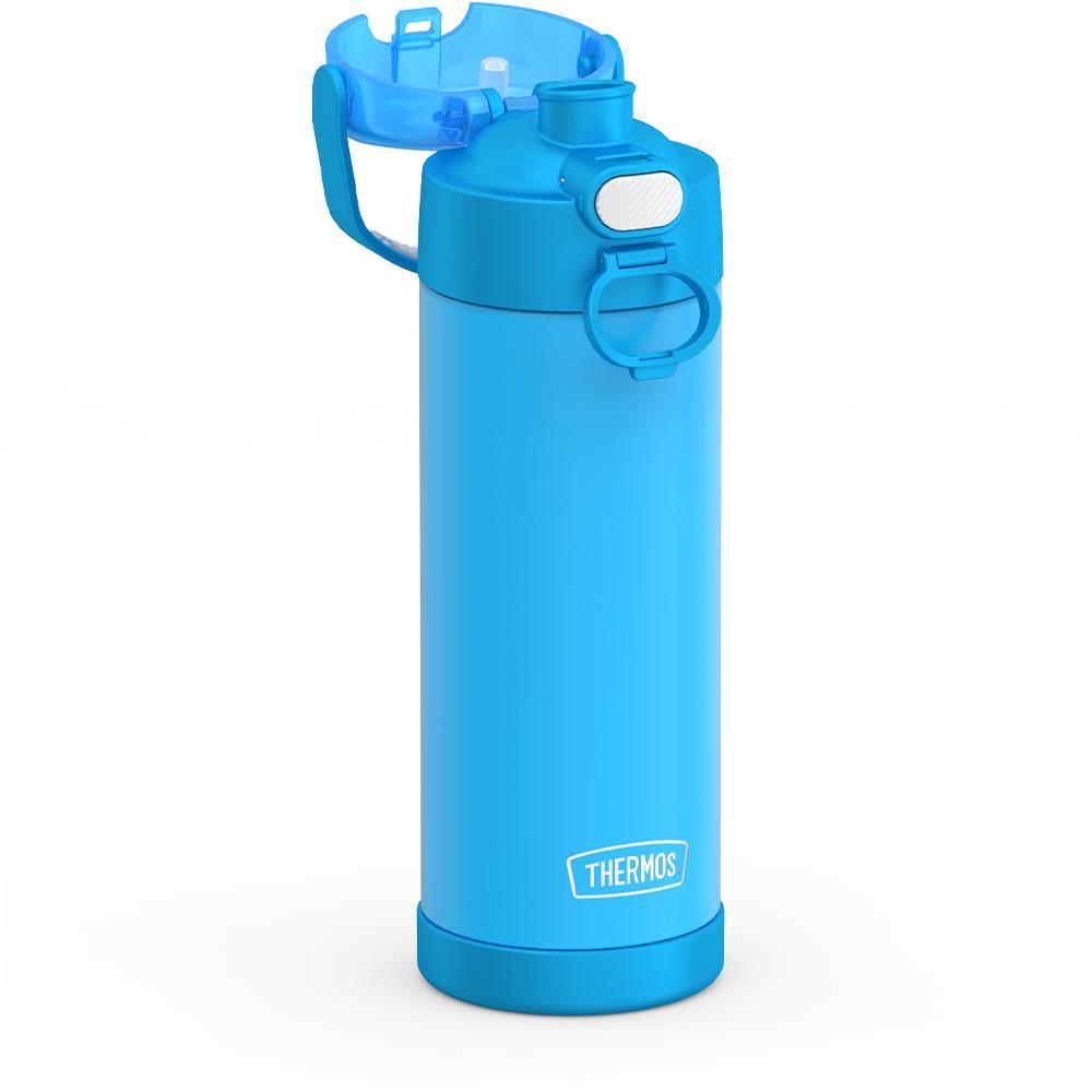 Thermos® 16oz FUNtainer® water bottle in Lightning Bolt Girl — close-up of push-button straw lid
