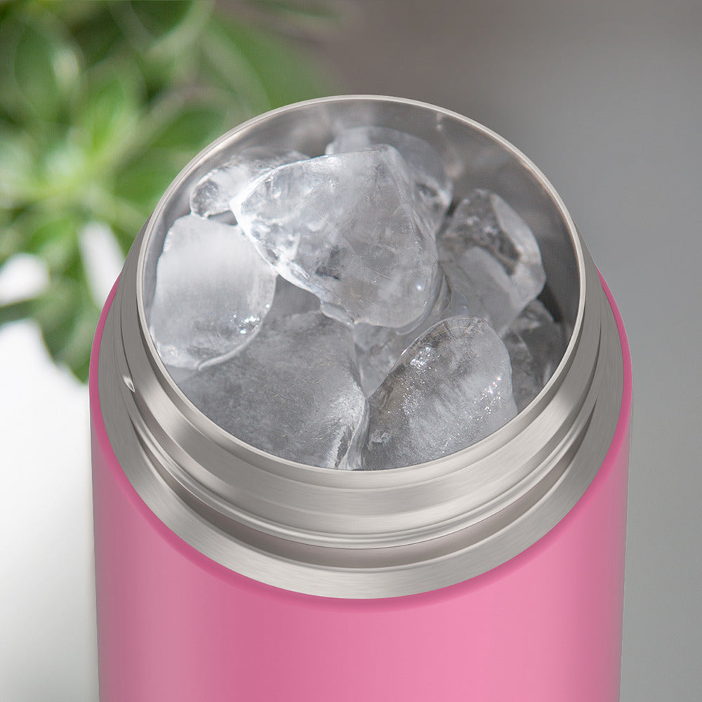 Thermos® 16oz FUNtainer® water bottle in Lightning Bolt Girl — shown filled with ice, demonstrating insulation