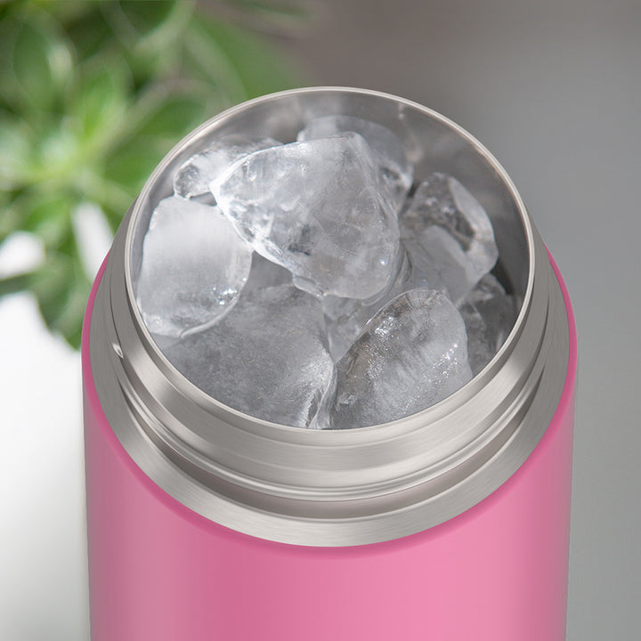 Thermos® 16oz FUNtainer® water bottle in Lightning Bolt Girl — shown filled with ice, demonstrating insulation