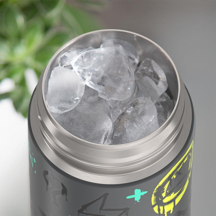 Thermos® 16oz FUNtainer® water bottle in Lightning Bolt Girl — shown filled with ice, demonstrating insulation