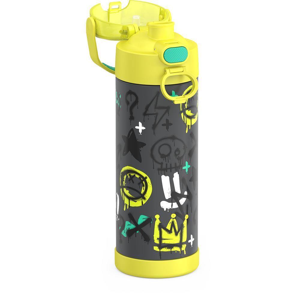 Thermos® 16oz FUNtainer® water bottle in Lightning Bolt Girl — close-up of push-button spout lid