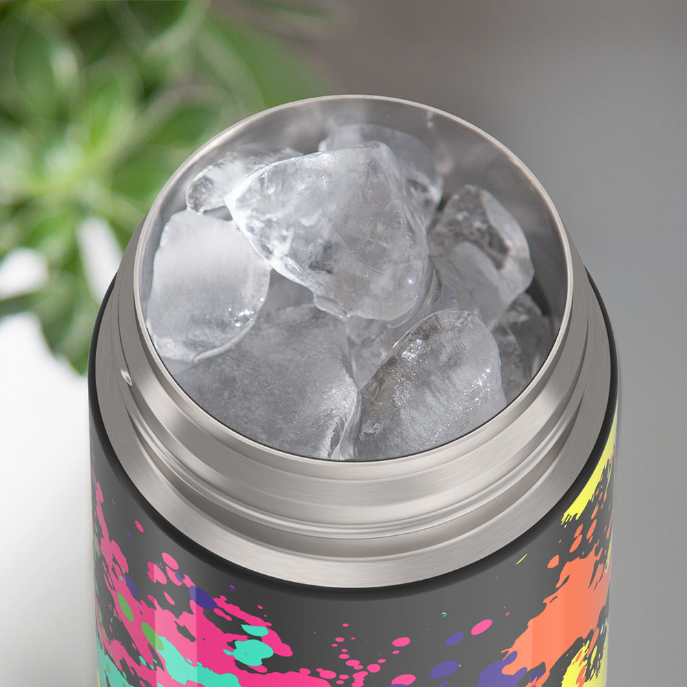 Thermos® 16oz FUNtainer® water bottle in Lightning Bolt Girl — shown filled with ice, demonstrating insulation