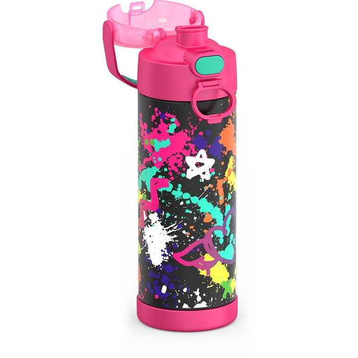 Thermos® 16oz FUNtainer® water bottle in Lightning Bolt Girl — close-up of push-button spout lid