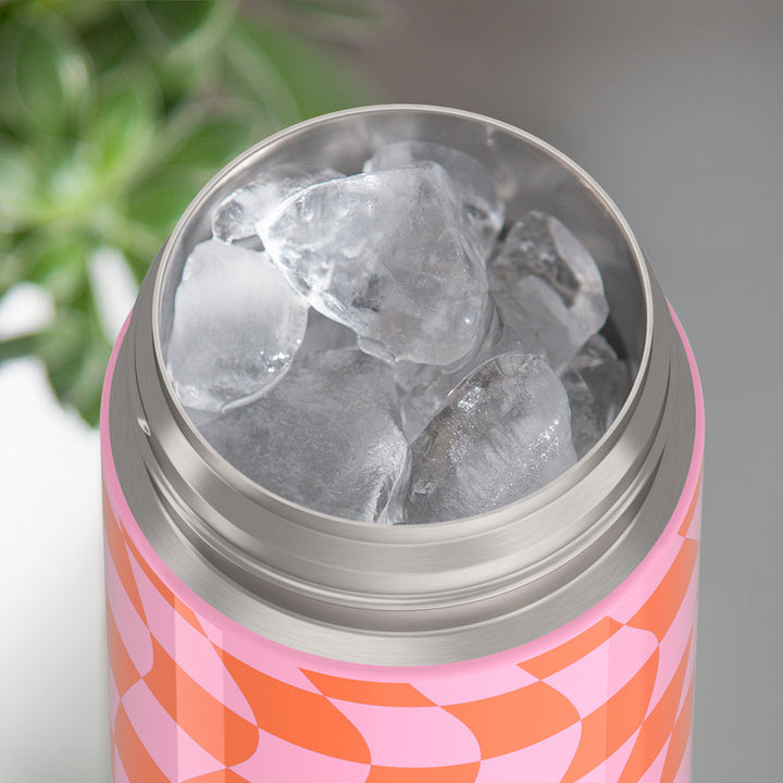 Thermos® 16oz FUNtainer® water bottle in Lightning Bolt Girl — shown filled with ice, demonstrating insulation