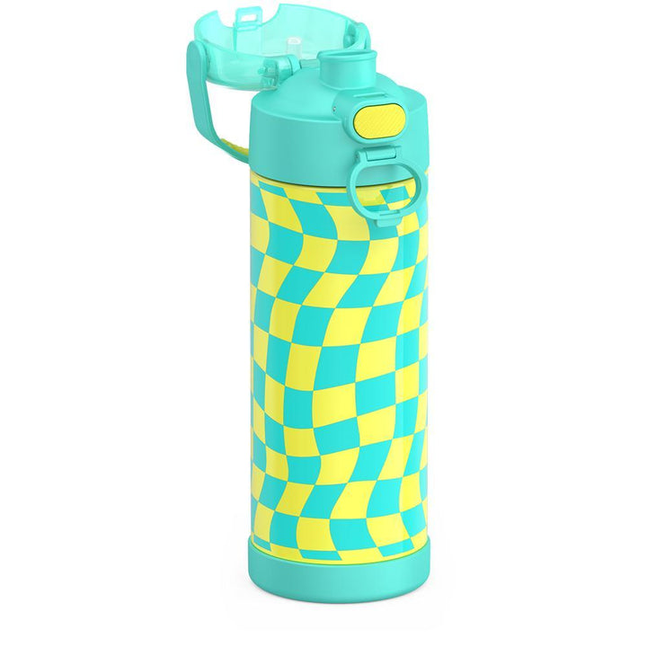 Thermos® 16oz FUNtainer® water bottle in Lightning Bolt Girl — close-up of push-button spout lid