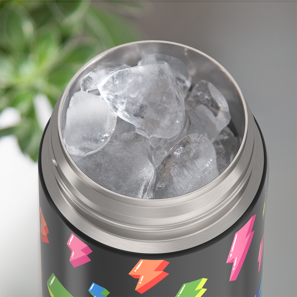 Thermos® 16oz FUNtainer® water bottle in Lightning Bolt Girl — shown filled with ice, demonstrating insulation