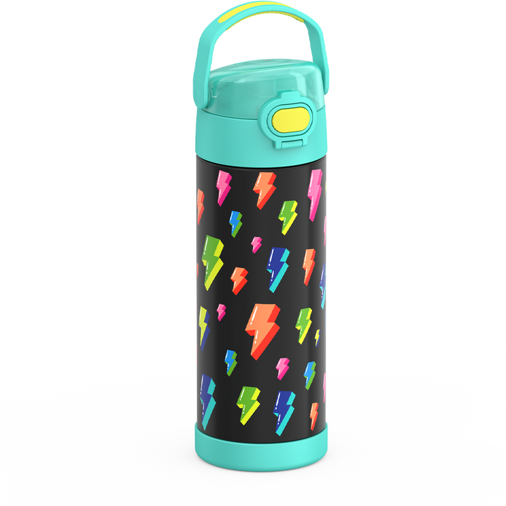 Thermos® 16oz FUNtainer® water bottle in Lightning Bolt Girl — angled view showing full profile